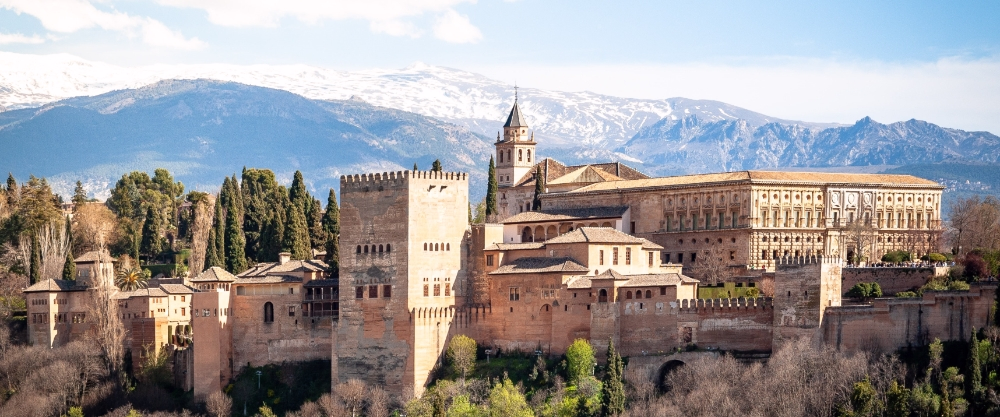 Cultural landscape of Granada, Spain, highlighting the monumental complex of the Alhambra and the Generalife with the natural surroundings of the Sierra Nevada.